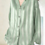 Casual Loungewear Ice Silk Lapel Striped Pajama Set