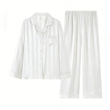 Casual Loungewear Ice Silk Lapel Striped Pajama Set
