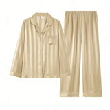 Casual Loungewear Ice Silk Lapel Striped Pajama Set