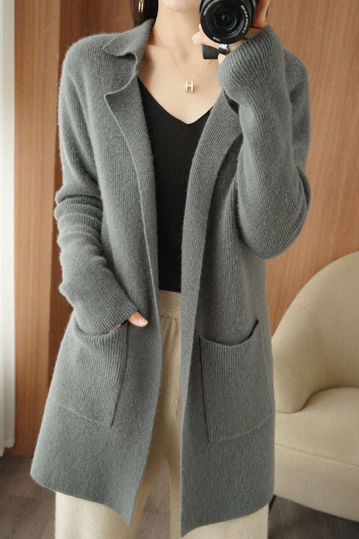 Casual Elegant Lapel Mid-Length Knitted Cardigan - liwisi