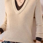 Casual Color-Block Vertical Stripe V-Neck Knitted Top - liwisi