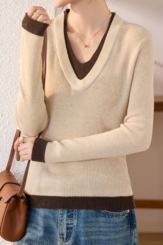 Casual Color-Block Vertical Stripe V-Neck Knitted Top - liwisi