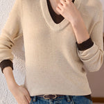 Casual Color-Block Vertical Stripe V-Neck Knitted Top - liwisi