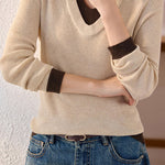 Casual Color-Block Vertical Stripe V-Neck Knitted Top - liwisi