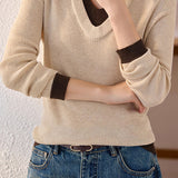 Casual Color-Block Vertical Stripe V-Neck Knitted Top - liwisi