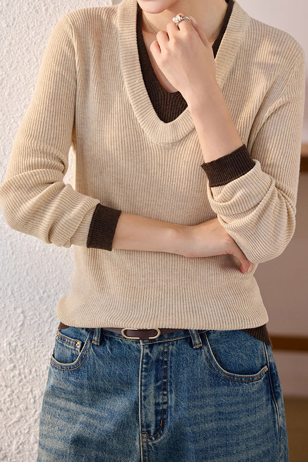 Casual Color-Block Vertical Stripe V-Neck Knitted Top - liwisi