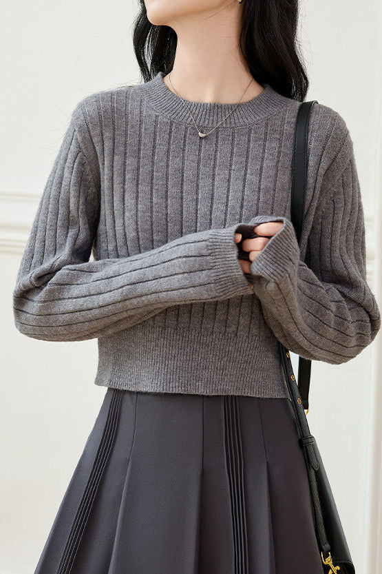 Casual Minimalist Crew Neck Vertical Stripe Textured Knitted Top - liwisi