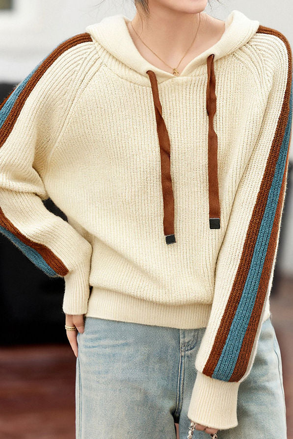 Casual Color-Block Striped Hooded Knitted Top - liwisi