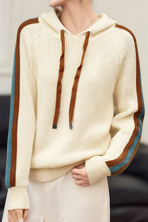 Casual Color-Block Striped Hooded Knitted Top - liwisi