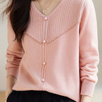 Elegant Ribbed Bead-Embellished V-Neck Knitted Top - liwisi