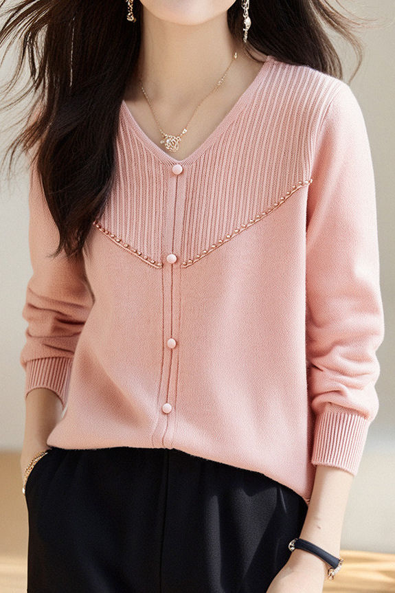 Elegant Ribbed Bead-Embellished V-Neck Knitted Top - liwisi