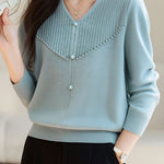 Elegant Ribbed Bead-Embellished V-Neck Knitted Top - liwisi