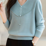 Elegant Ribbed Bead-Embellished V-Neck Knitted Top - liwisi