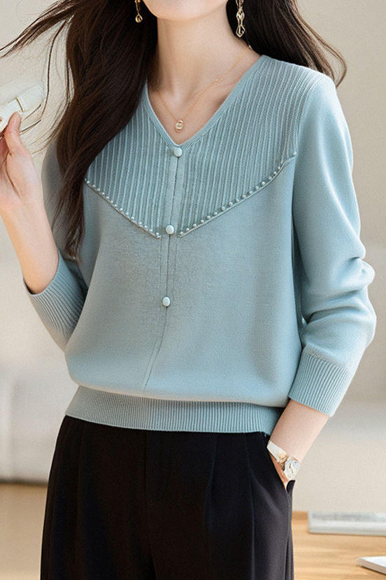 Elegant Ribbed Bead-Embellished V-Neck Knitted Top - liwisi