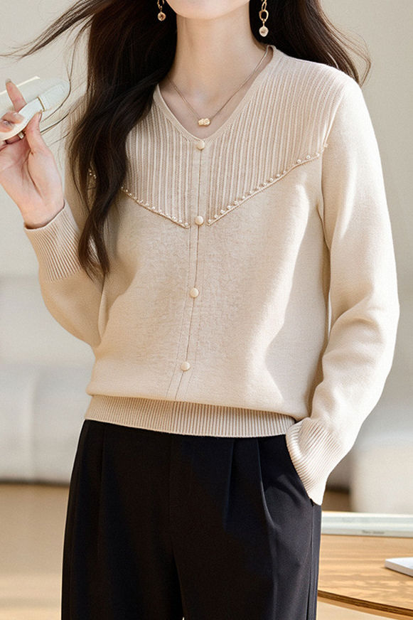 Elegant Ribbed Bead-Embellished V-Neck Knitted Top - liwisi