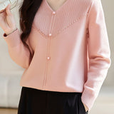 Elegant Ribbed Bead-Embellished V-Neck Knitted Top - liwisi