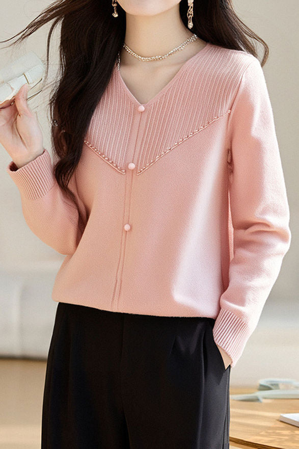 Elegant Ribbed Bead-Embellished V-Neck Knitted Top - liwisi