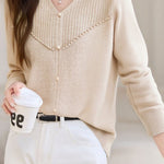 Elegant Ribbed Bead-Embellished V-Neck Knitted Top - liwisi