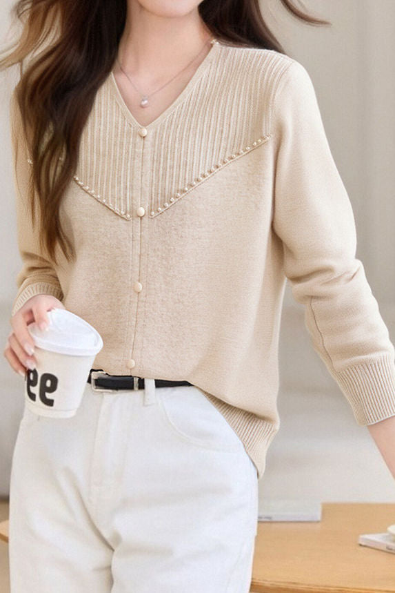 Elegant Ribbed Bead-Embellished V-Neck Knitted Top - liwisi