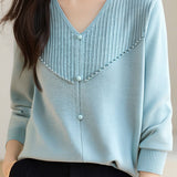 Elegant Ribbed Bead-Embellished V-Neck Knitted Top - liwisi