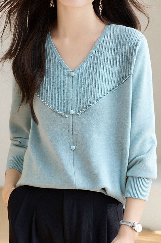 Elegant Ribbed Bead-Embellished V-Neck Knitted Top - liwisi