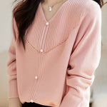 Elegant Ribbed Bead-Embellished V-Neck Knitted Top - liwisi
