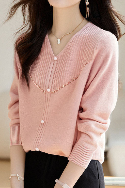 Elegant Ribbed Bead-Embellished V-Neck Knitted Top - liwisi