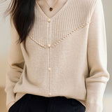 Elegant Ribbed Bead-Embellished V-Neck Knitted Top - liwisi
