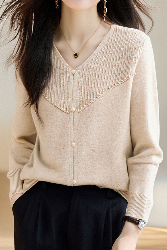 Elegant Ribbed Bead-Embellished V-Neck Knitted Top - liwisi