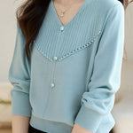 Elegant Ribbed Bead-Embellished V-Neck Knitted Top - liwisi
