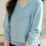Elegant Ribbed Bead-Embellished V-Neck Knitted Top - liwisi