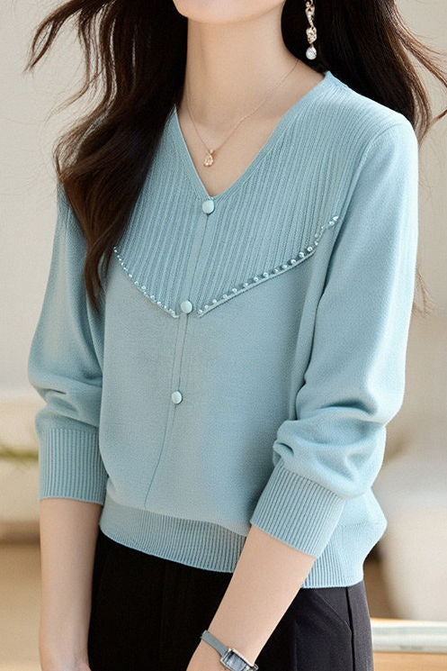 Elegant Ribbed Bead-Embellished V-Neck Knitted Top - liwisi