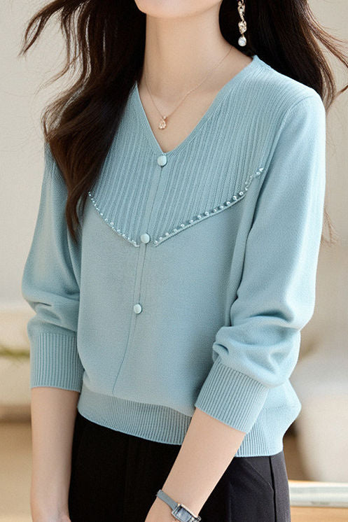 Elegant Ribbed Bead-Embellished V-Neck Knitted Top - liwisi