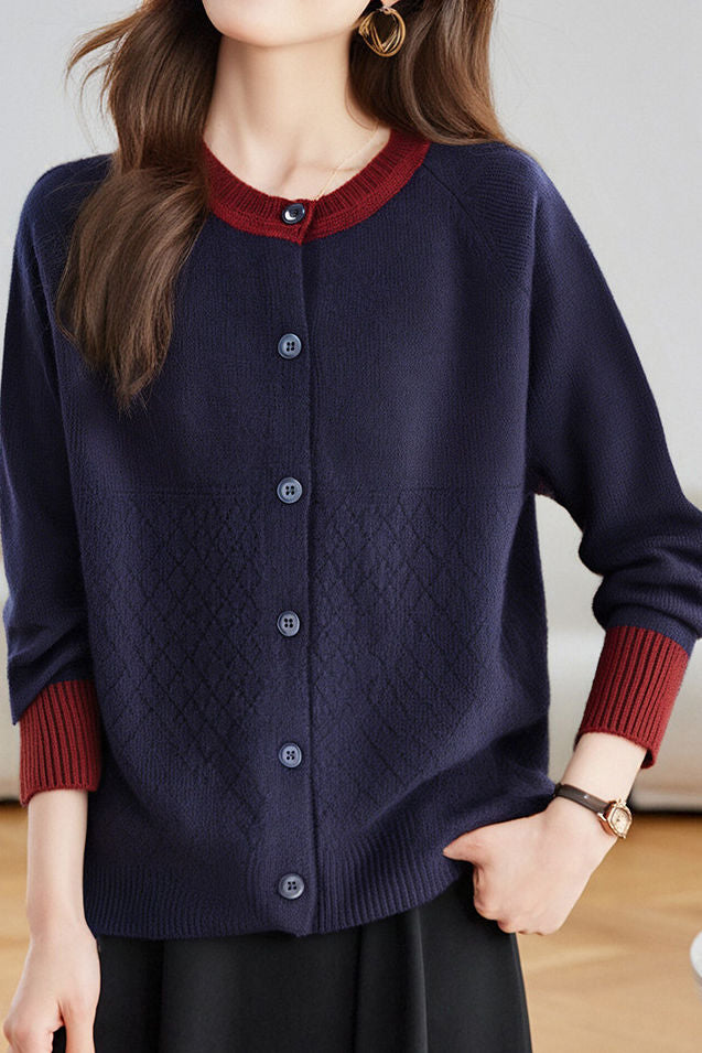 Casual Color-Block Argyle Jacquard Cardigan - liwisi