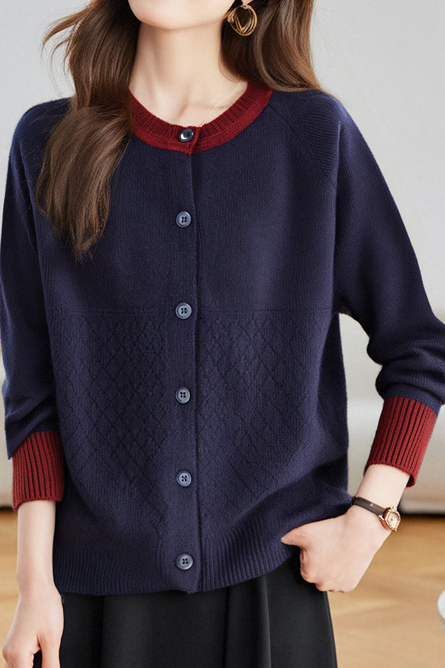 Casual Color-Block Argyle Jacquard Cardigan - liwisi