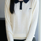 Casual Polo Collar Cable-Knit Sweater