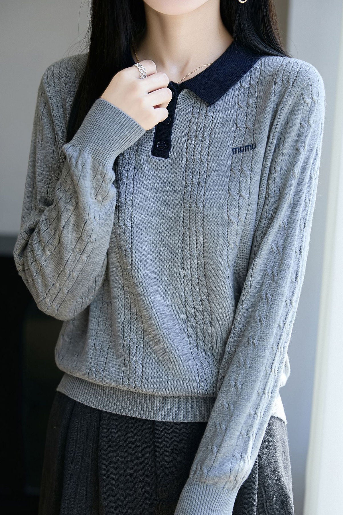 Casual Polo Collar Cable-Knit Sweater - liwisi