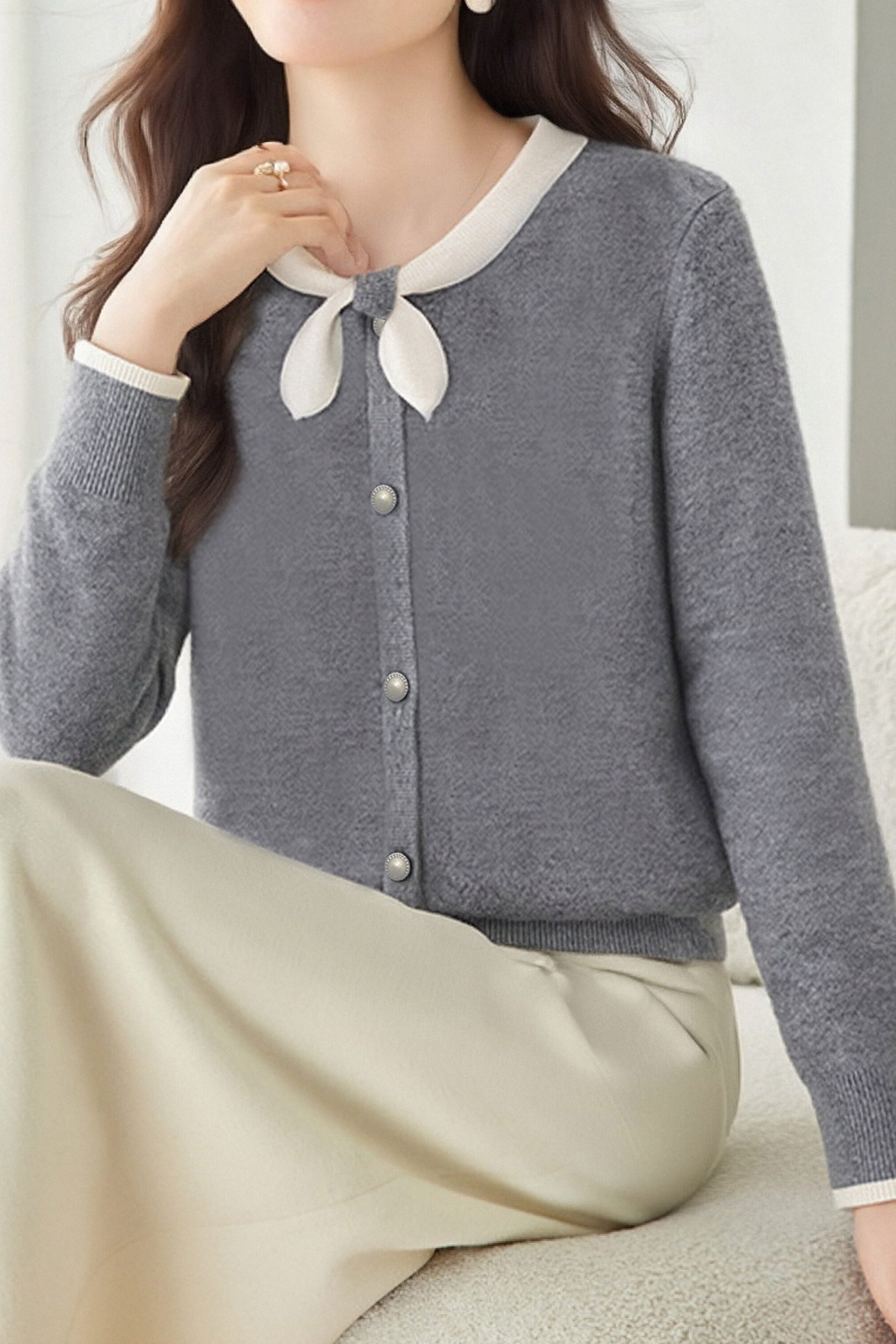 Casual Bow-Collar Knitted Cardigan - liwisi