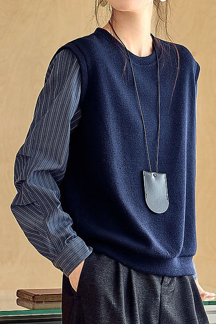 Casual Versatile Striped Patchwork Fake Two-Piece Knitted Top - liwisi