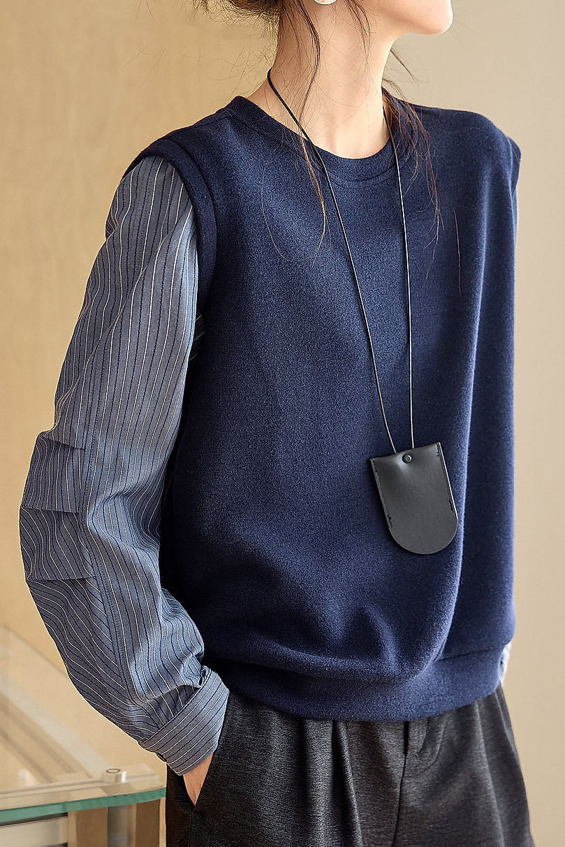 Casual Versatile Striped Patchwork Fake Two-Piece Knitted Top - liwisi