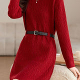Casual Belted Mid-Length Knitted Dress - liwisi