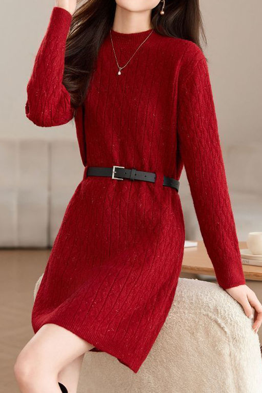 Casual Belted Mid-Length Knitted Dress - liwisi