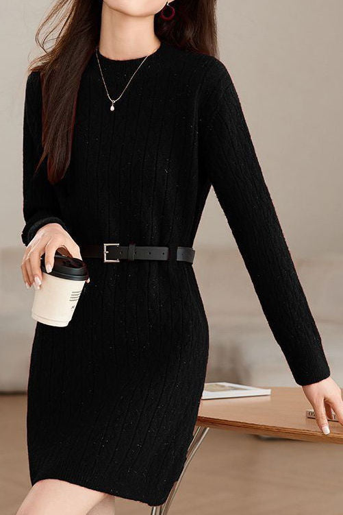 Casual Belted Mid-Length Knitted Dress - liwisi