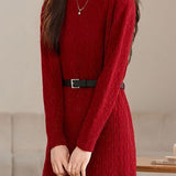 Casual Belted Mid-Length Knitted Dress - liwisi