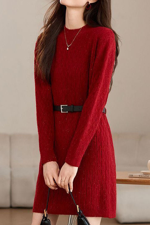 Casual Belted Mid-Length Knitted Dress - liwisi