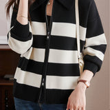 Casual Color-Block Striped Knitted Cardigan