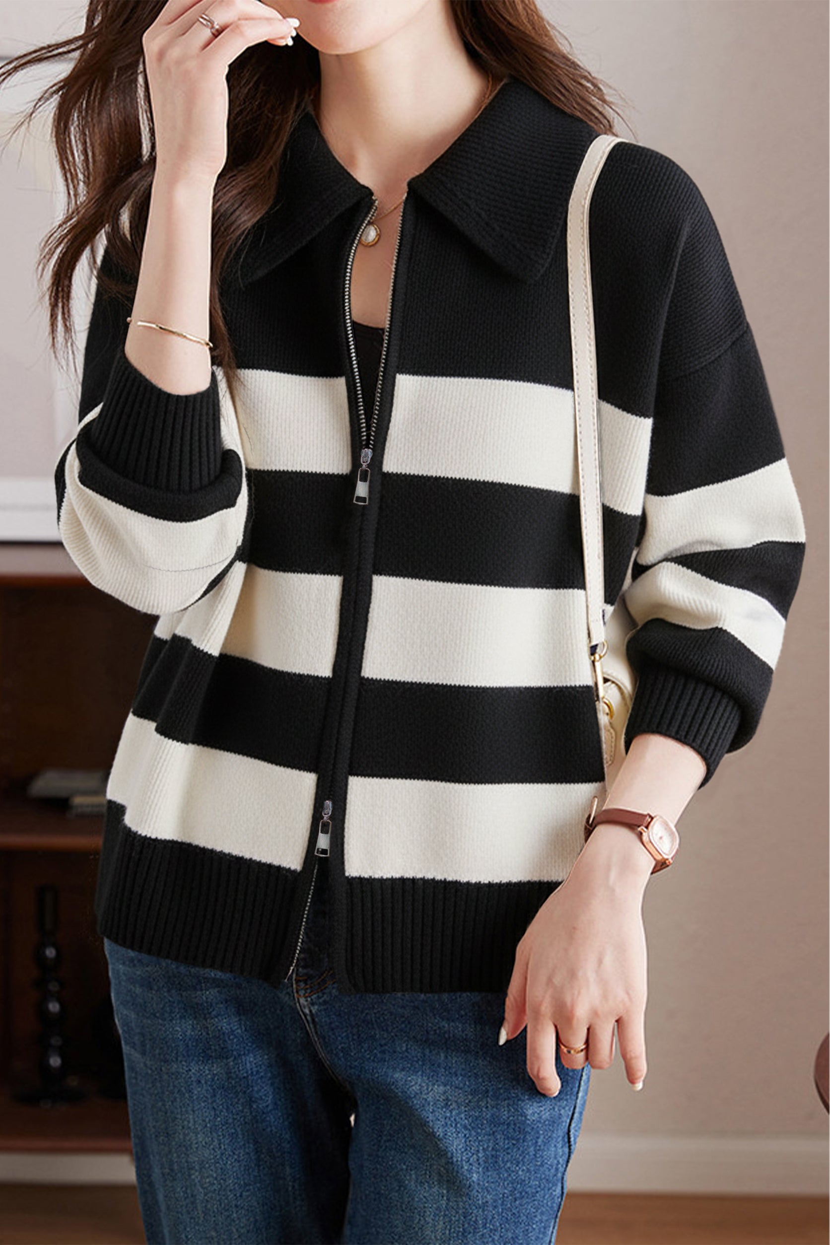 Casual Color-Block Striped Knitted Cardigan