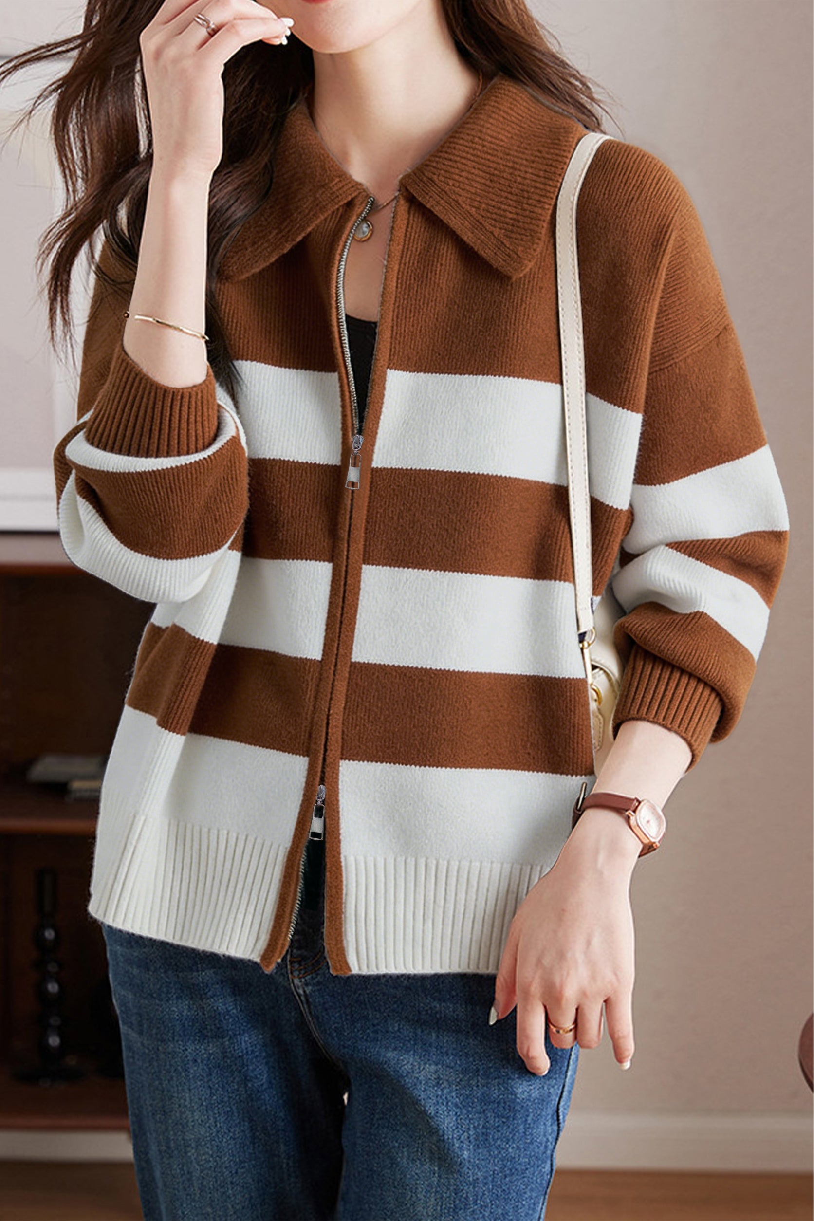 Casual Color-Block Striped Knitted Cardigan