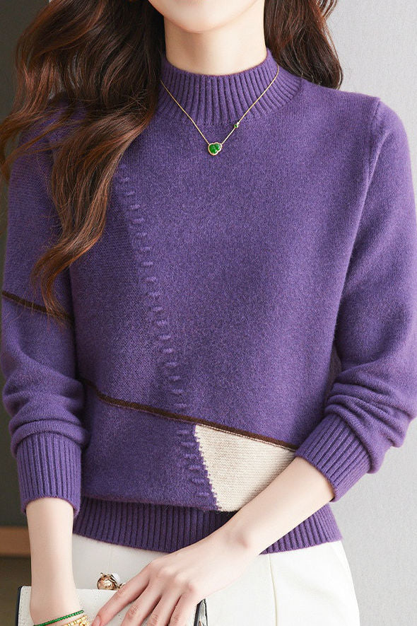 Casual Color-Block Geometric Knitted Top