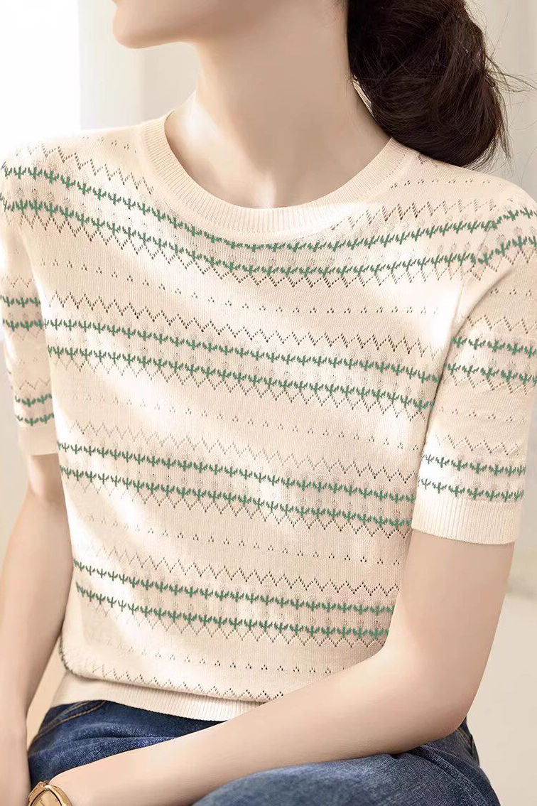 Casual Wavy Stripe Jacquard Hollow Knit Top - liwisi